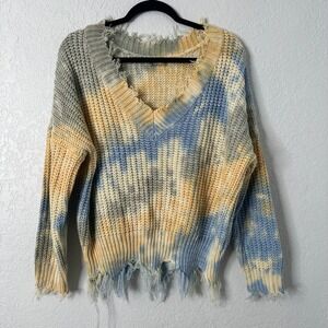 Main Strip Tie Dye Distressed V Neck Sweater Blue yellow women's S‎